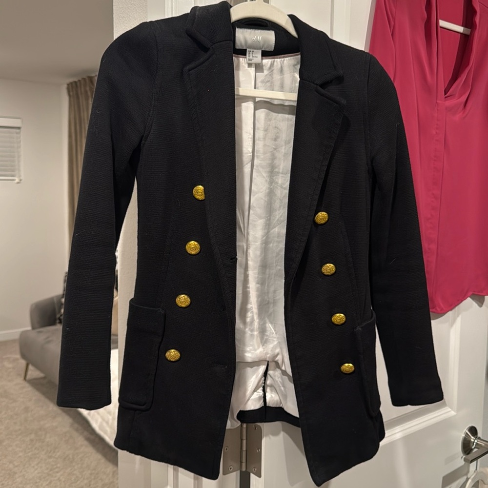 H&M Black Open Front Mid Length Ruched Sleeves Blazer Size Small